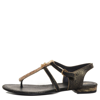 Chanel Calfskin Leopard Print Pony Hair CC Sandals Gold Black 1 of 7