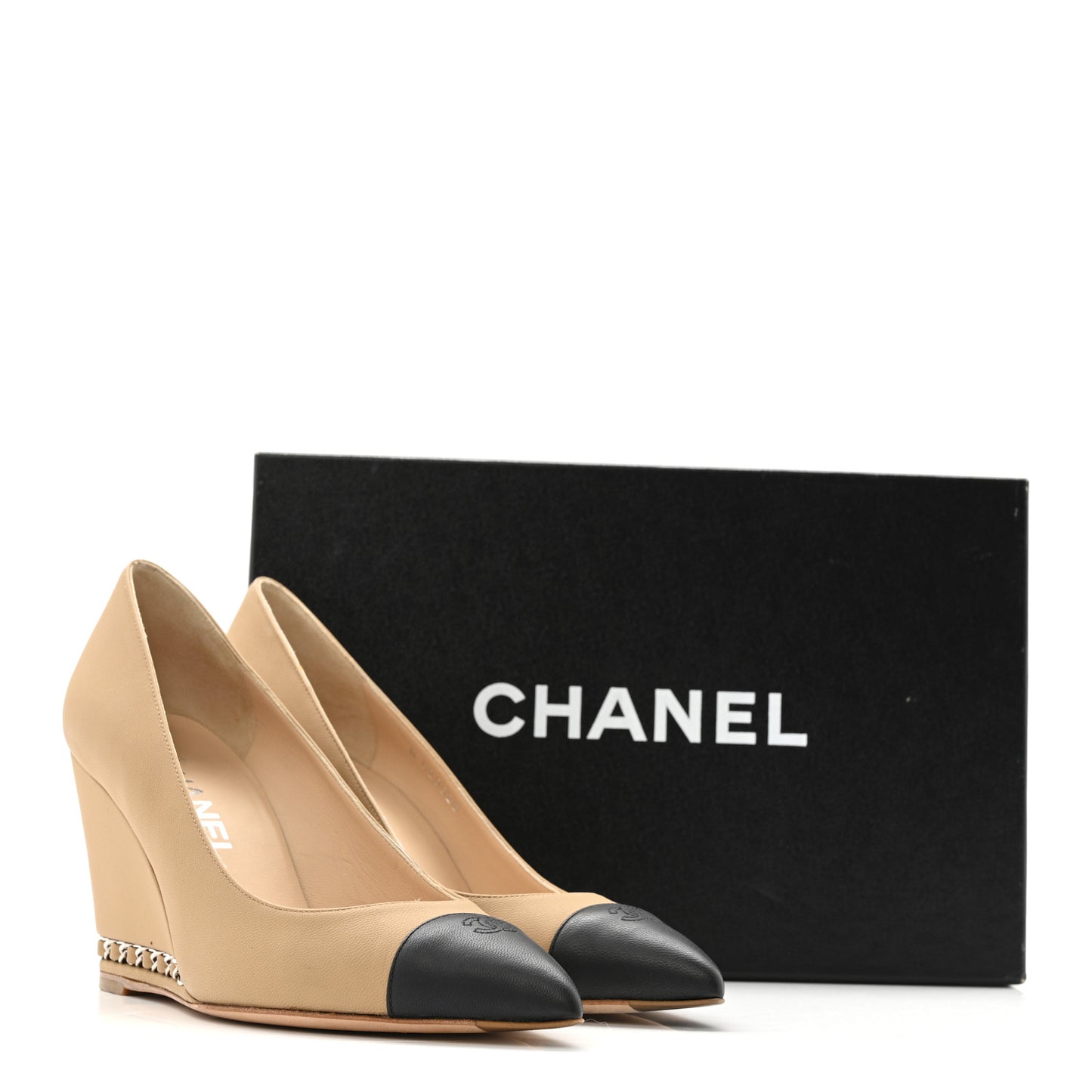 Calfskin Cap Toe Chain Wedge Pumps 36 Marron Clair Black