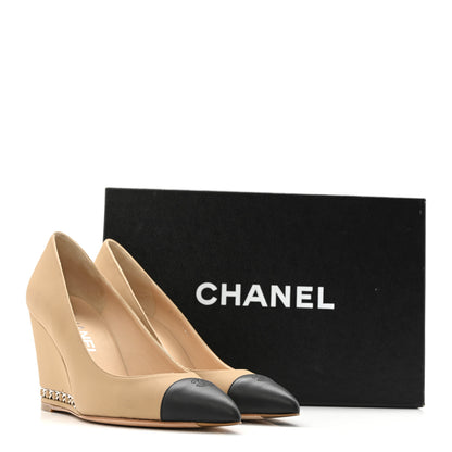 Chanel Calfskin Cap Toe Chain Wedge Pumps 36 Marron Clair Black 13 of 13