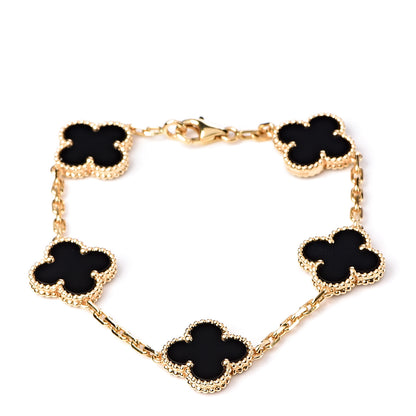 Van Cleef & Arpels 18K Yellow Gold Black Onyx 5 Motifs Vintage Alhambra Bracelet 1 of 6