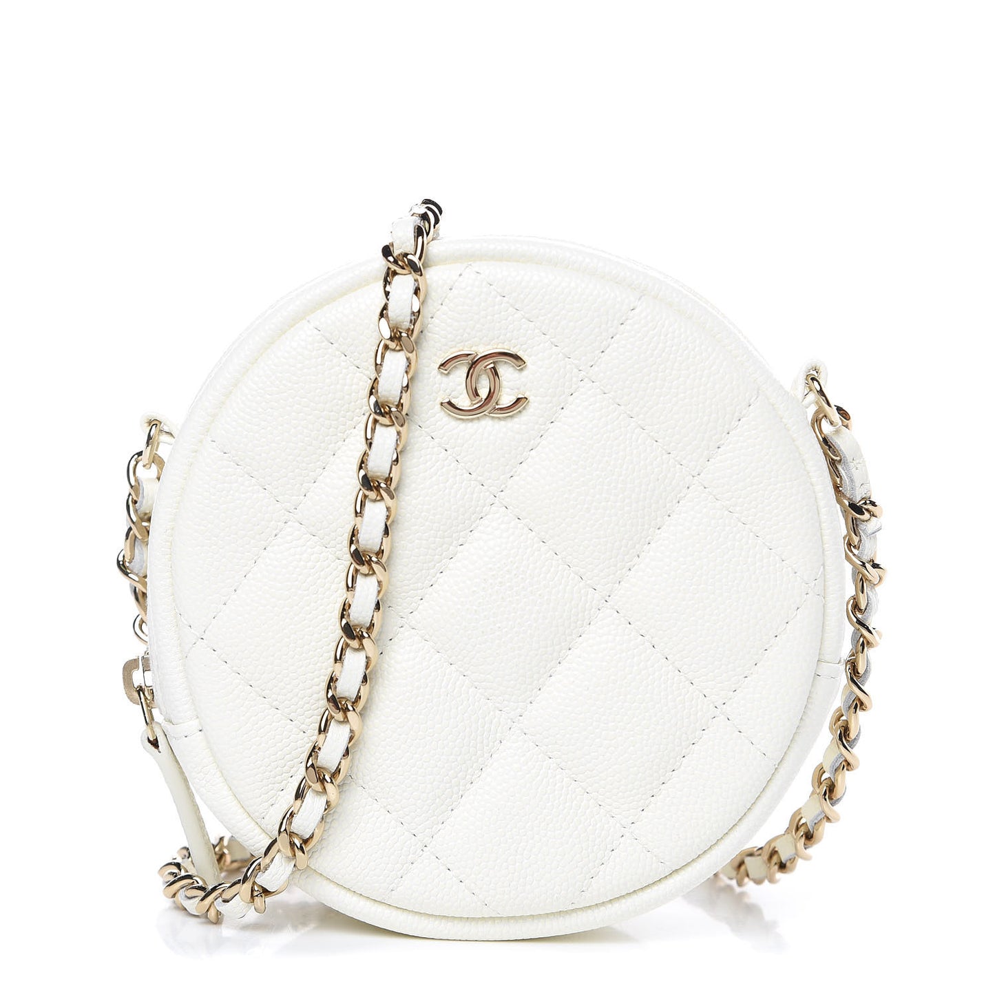 Caviar Quilted Round Clutch With Chain White