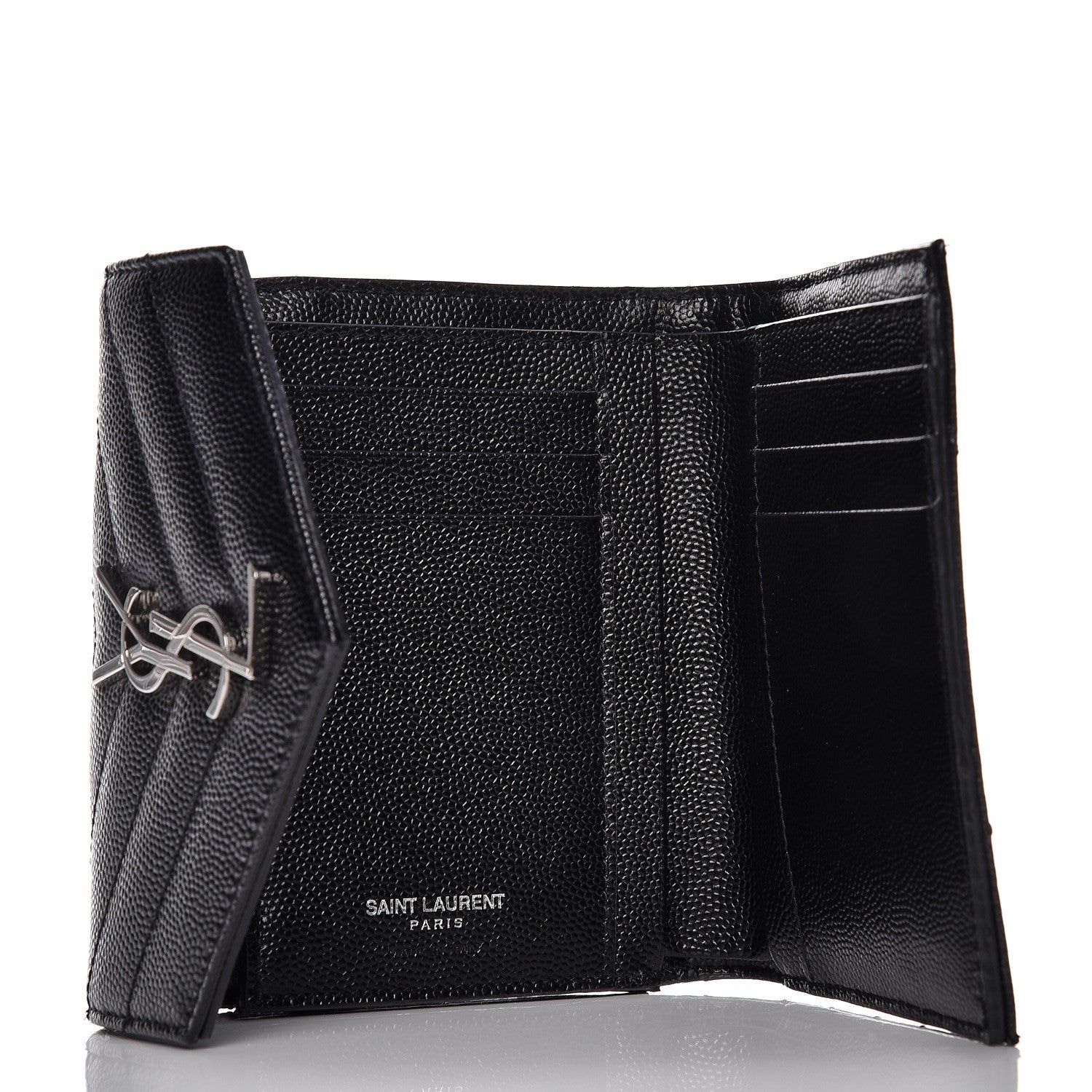 Saint Laurent Grain De Poudre Matelasse Chevron Monogram Compact Tri Fold Wallet Black 6 of 7
