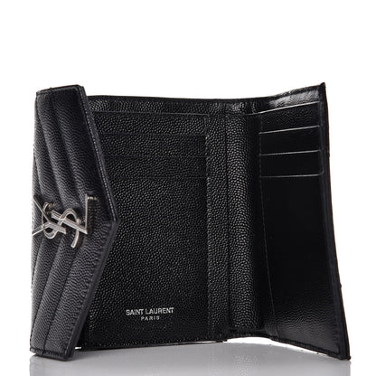 Saint Laurent Grain De Poudre Matelasse Chevron Monogram Compact Tri Fold Wallet Black 6 of 7