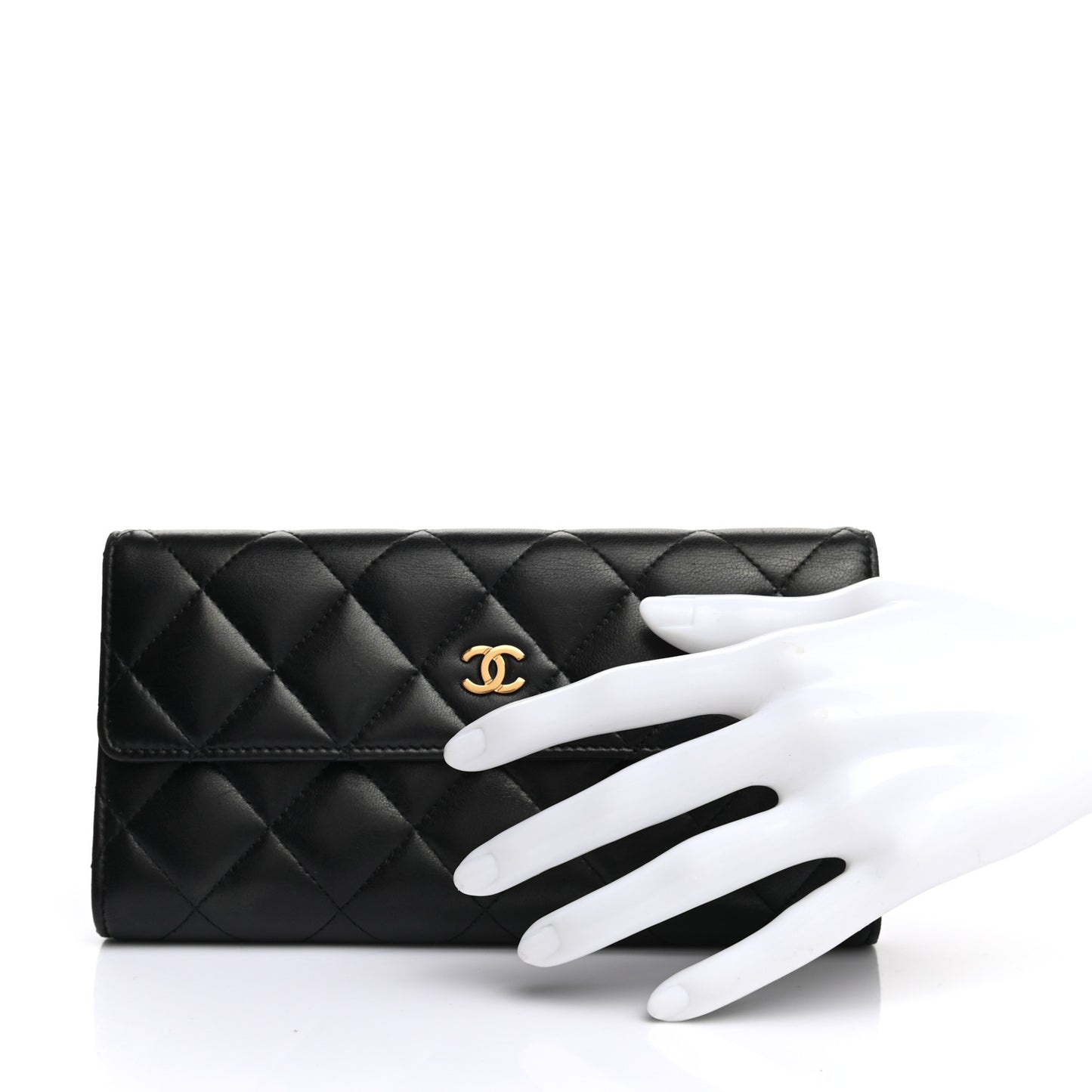 Lambskin Quilted Large Gusset Flap Wallet Black