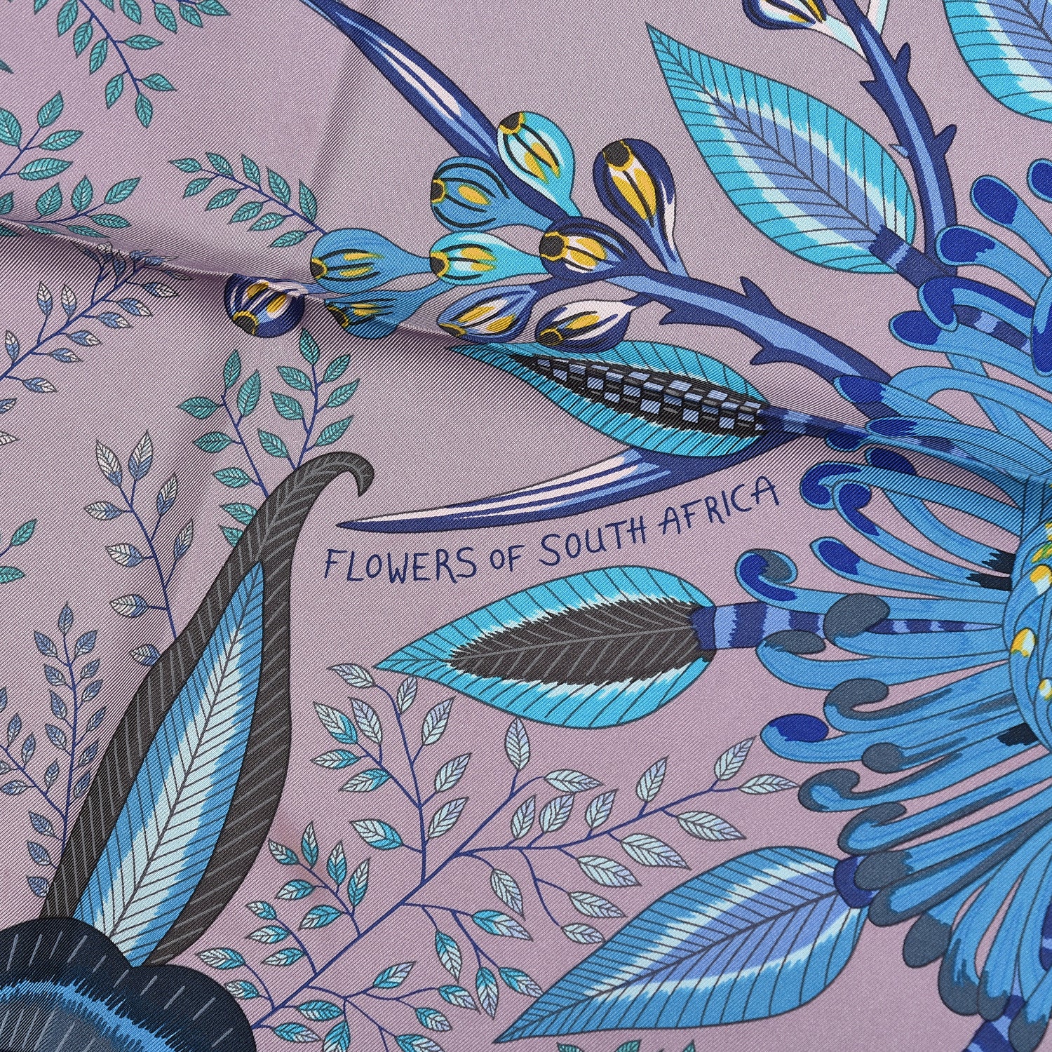 Hermes Silk Flowers of South Africa Scarf 90 Parme Turquoise Jaune 4 of 7