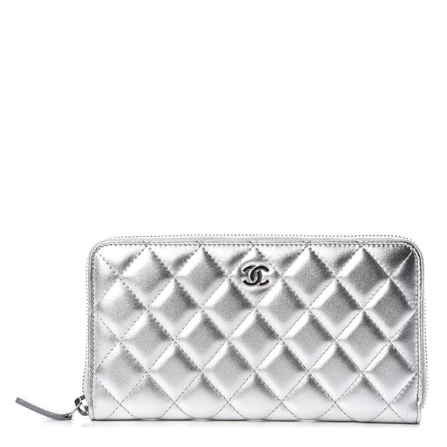Metallic Lambskin Quilted Large Gusset Zip Around Wallet Silver