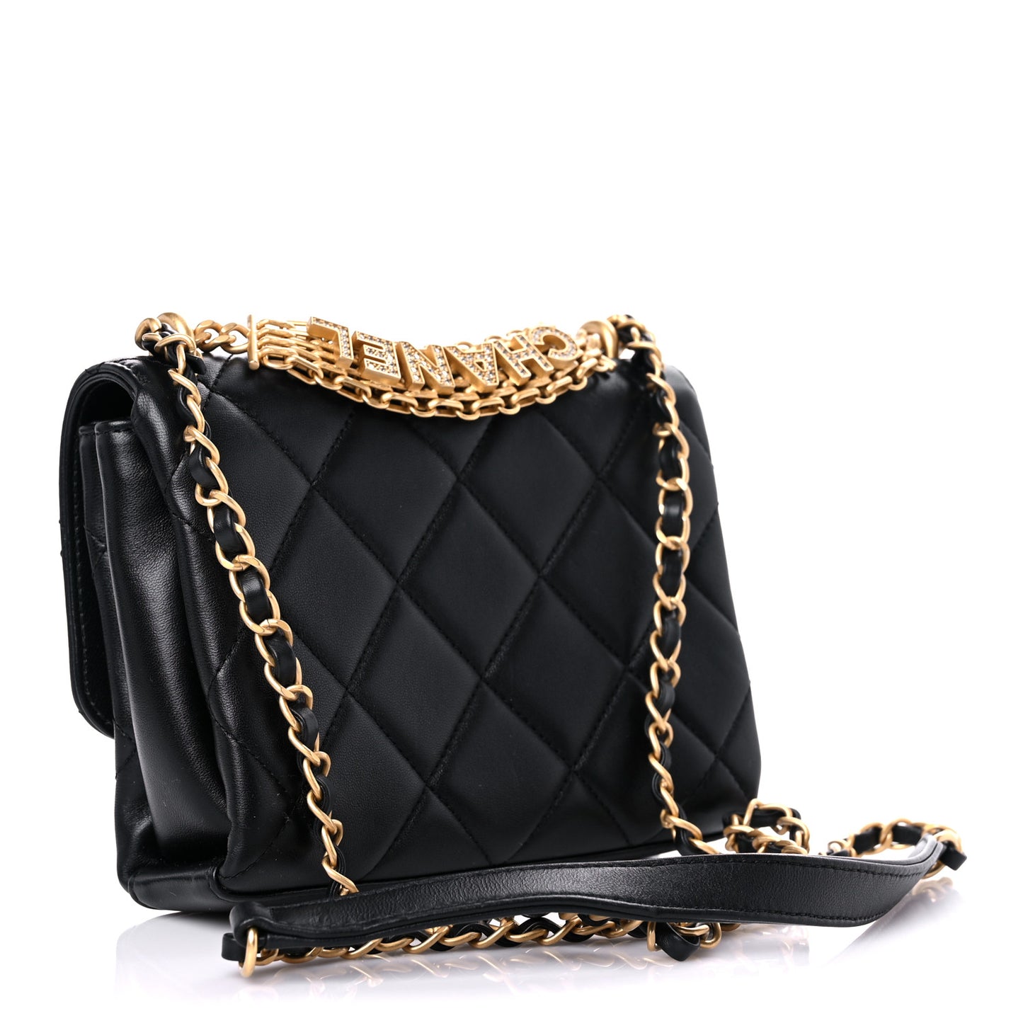 Lambskin Quilted Mini CC Crystal Logo Chain Flap Black