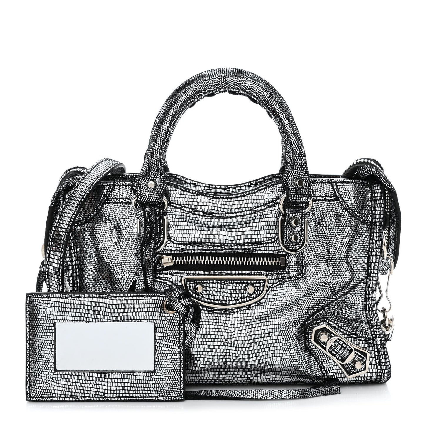 Metallic Calfskin Lizard Embossed Silver Metallic Edge Hardware Nano City Silver