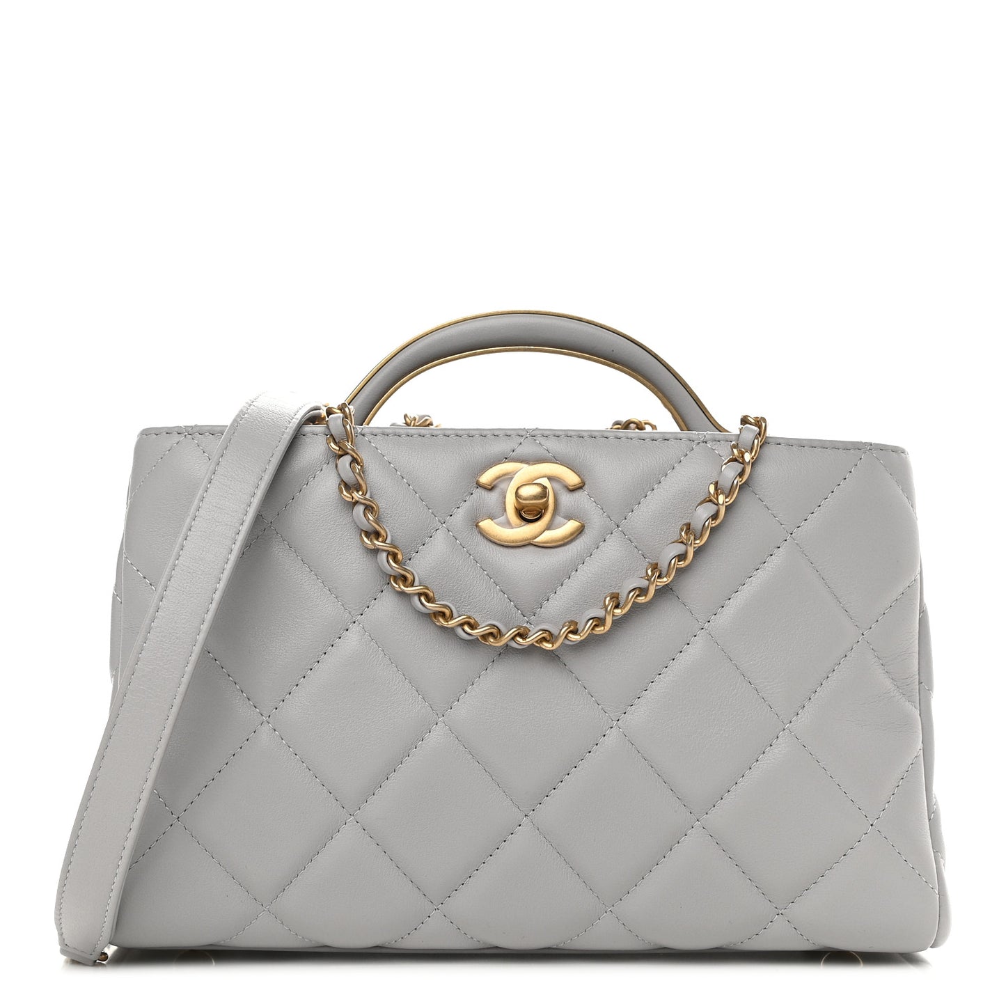 Calfskin Quilted Lady Handle Clutch Tote Grey