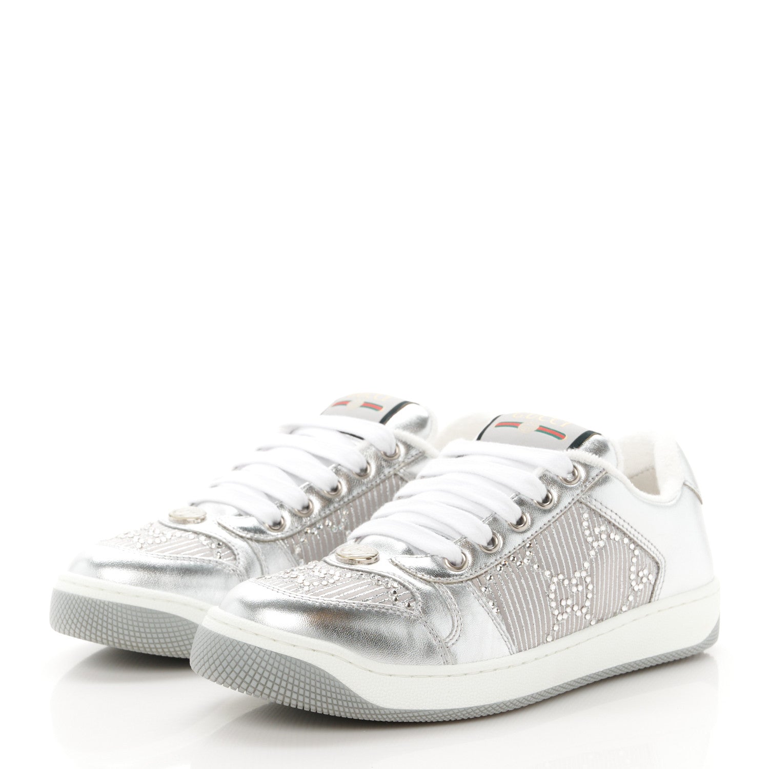 Gucci Metallic Nappa Silk Crystals Womens Screener Sneakers 36.5 Silver Light Grey 3 of 10