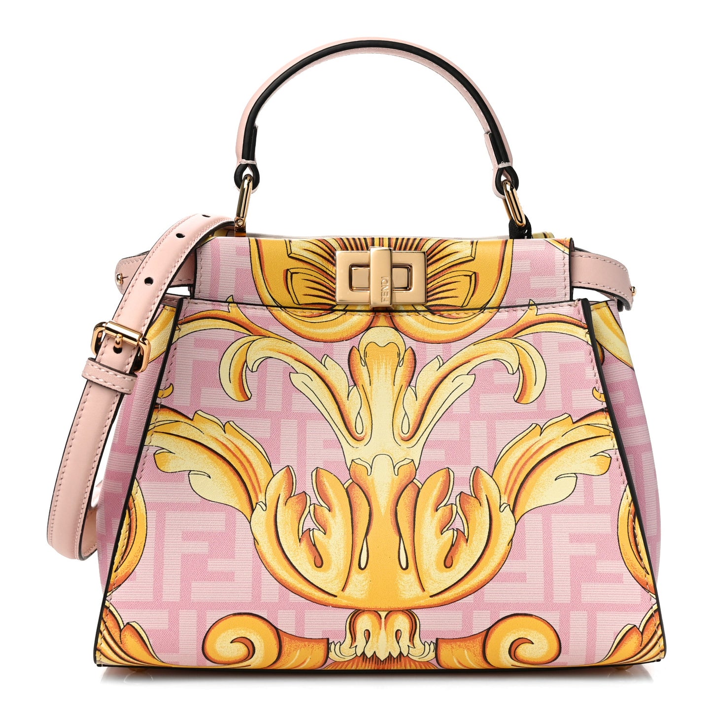 X VERSACE Vitello Seta Nappa Fendace FF Baroque Mini Peekaboo Iconic Satchel Pink Gold
