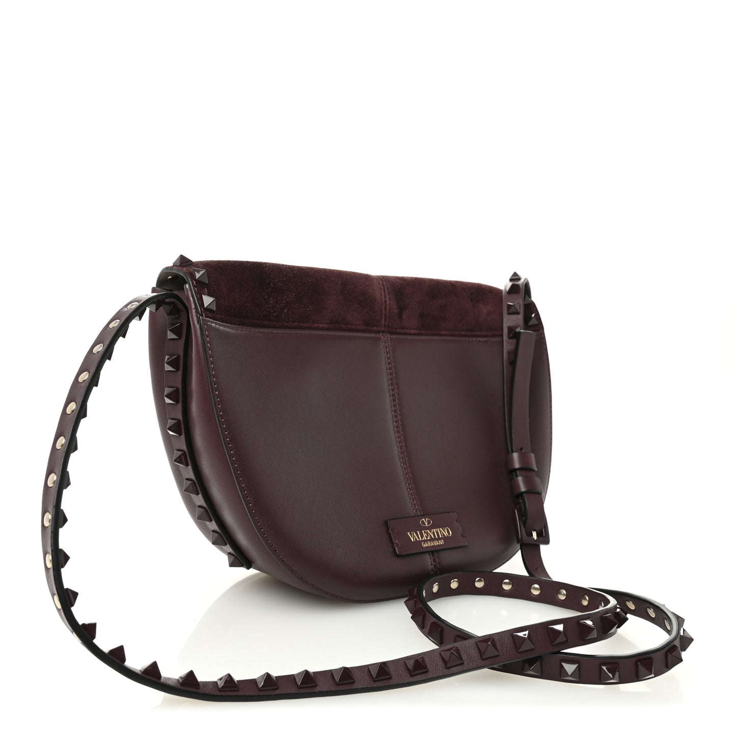 Suede Calfskin Rockstud Halfmoon Saddle Bag Rubin