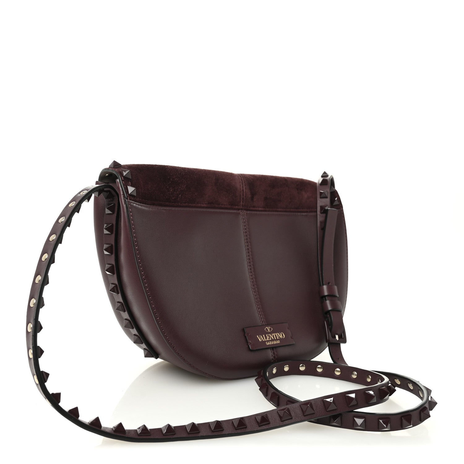 Valentino Garavani Suede Calfskin Rockstud Halfmoon Saddle Bag Rubin 3 of 9