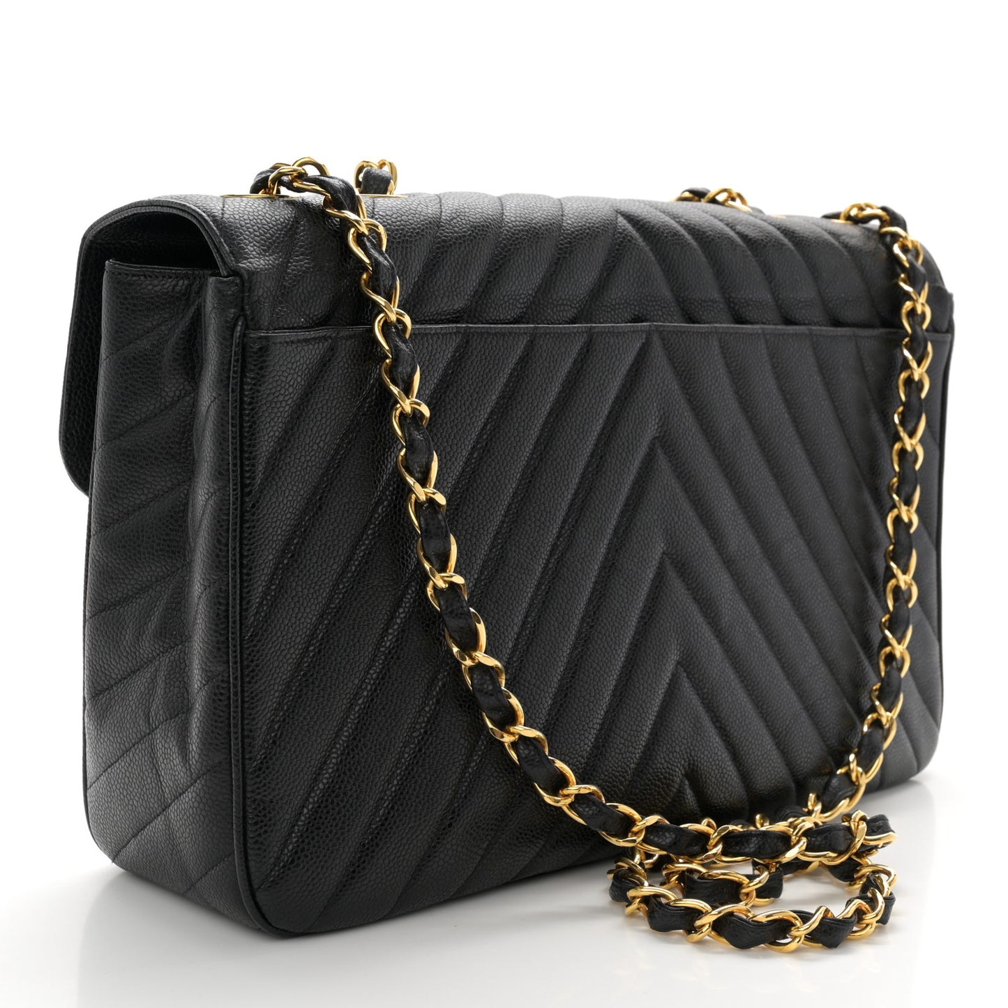 Caviar Chevron Quilted Maxi Single Flap Black