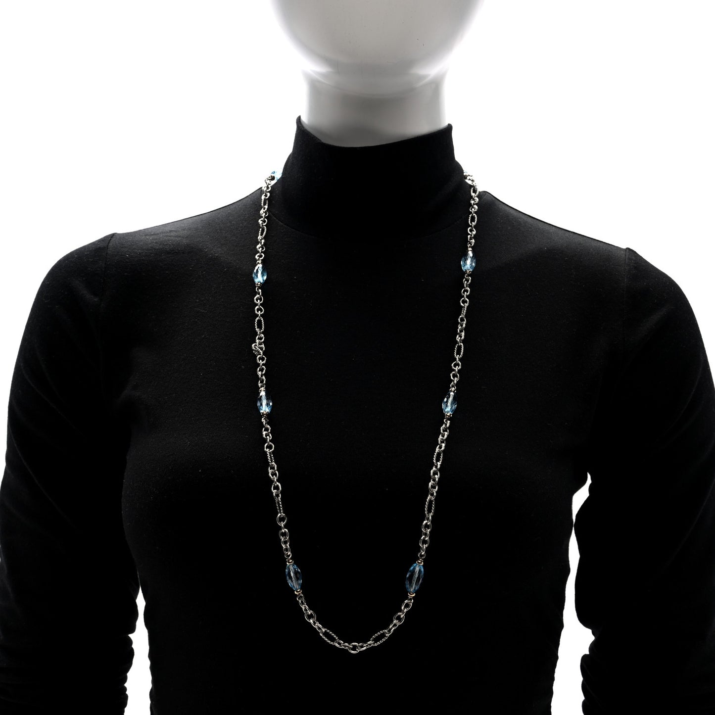 Sterling Silver 18K Yellow Gold Diamond Blue Topaz Figaro Chain Necklace
