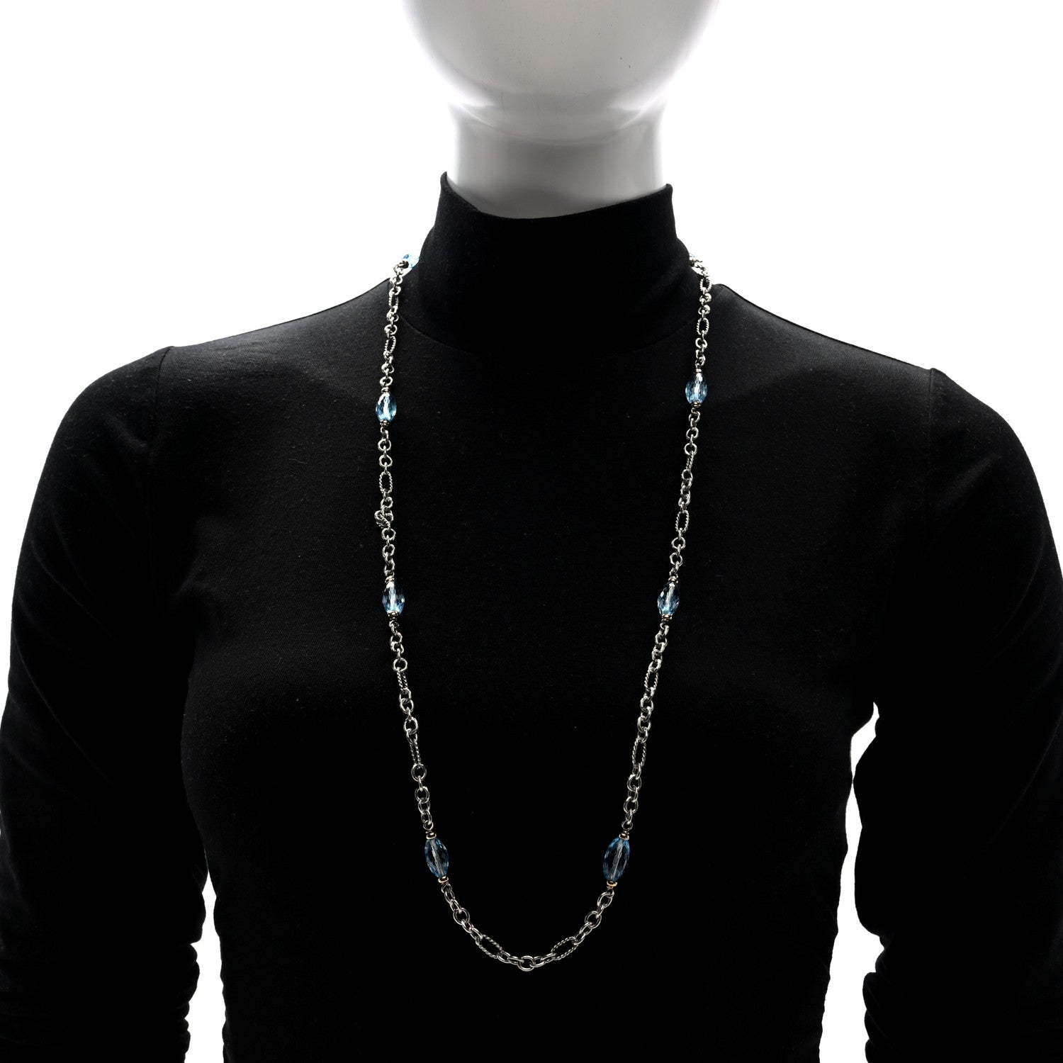 David Yurman Sterling Silver 18K Yellow Gold Diamond Blue Topaz Figaro Chain Necklace 2 of 4