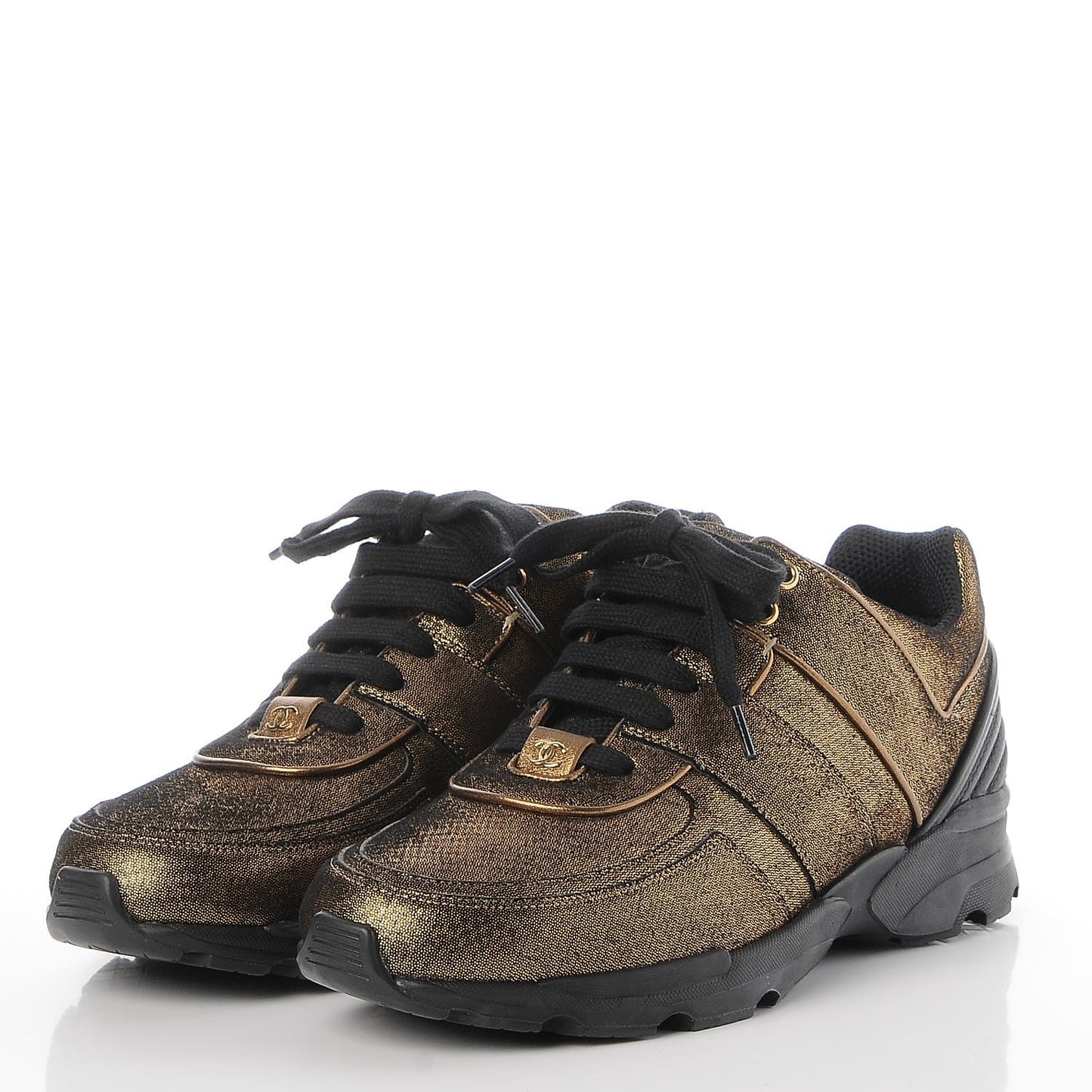 Metallic Fabric Calfskin Womens CC Sneakers 40.5 Golden Brown
