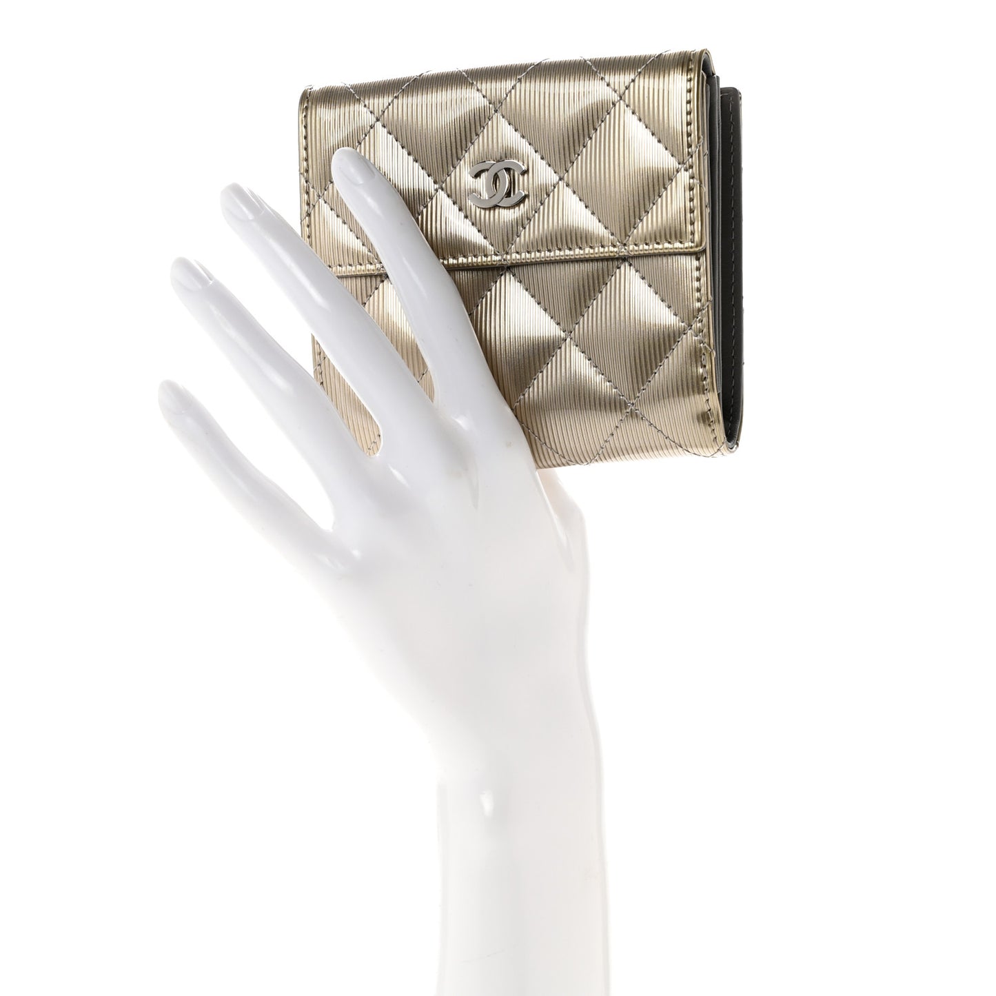 Striated Patent Quilted Compact French Flap Wallet Beige Beige