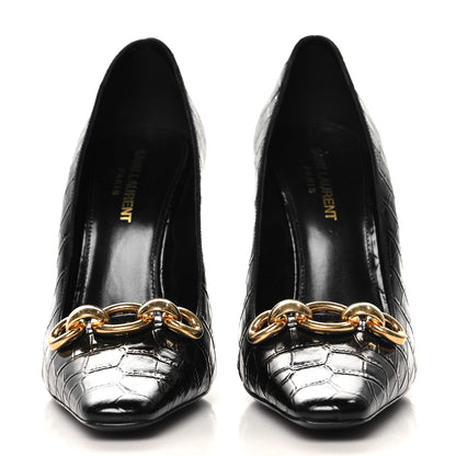 Saint Laurent Calfskin Crocodile Embossed Silvana Pumps 38 Black 3 of 9