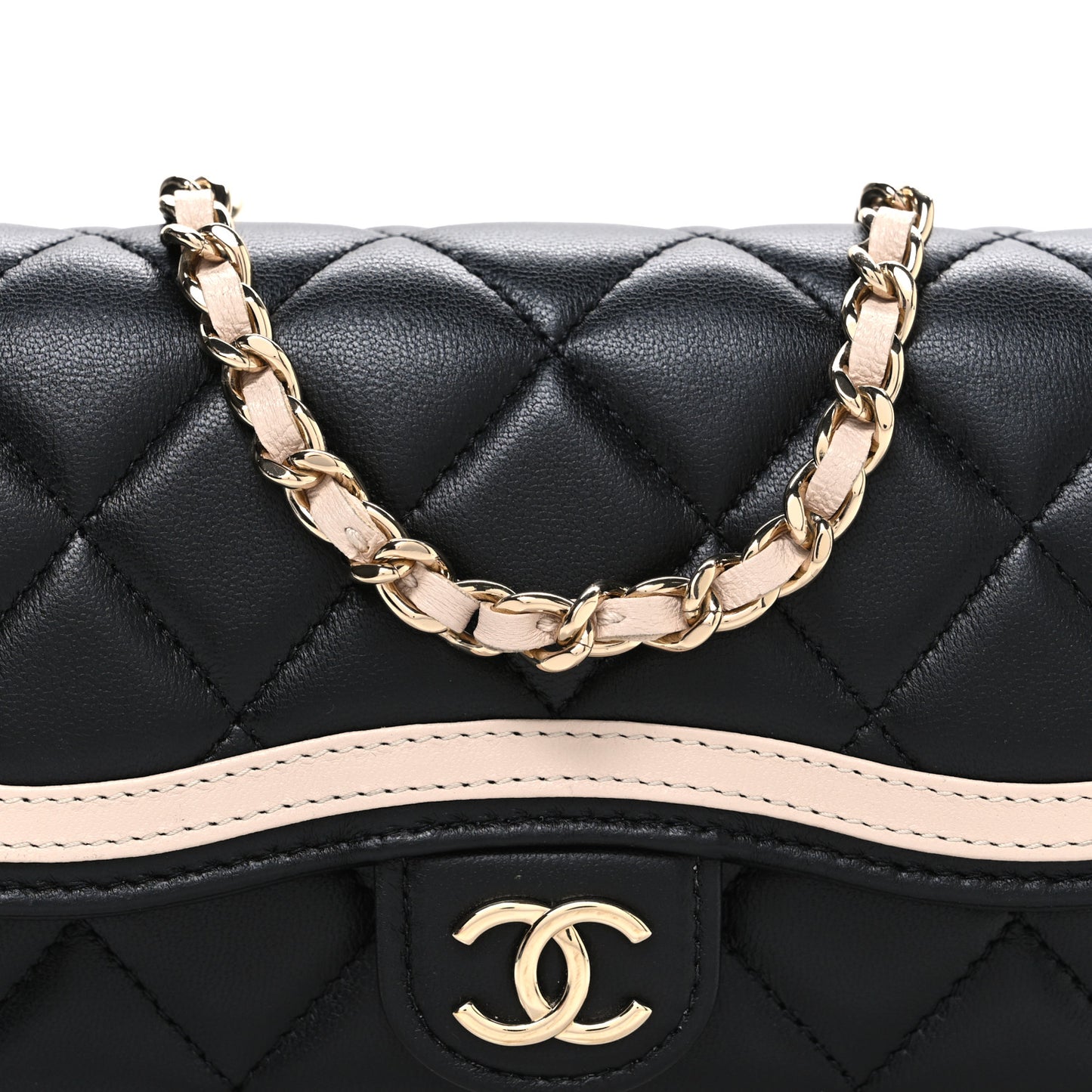 Lambskin Quilted Phone Holder Wallet With Chain Black Beige