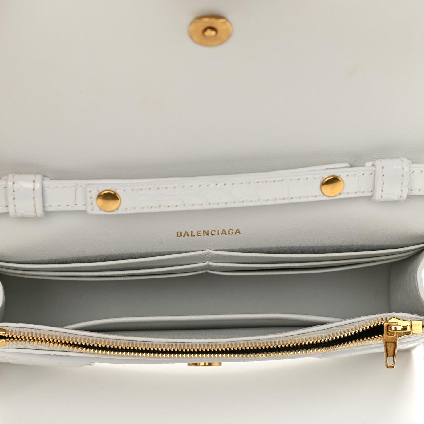 Shiny Calfskin Crocodile Embossed Hourglass Chain Bag White
