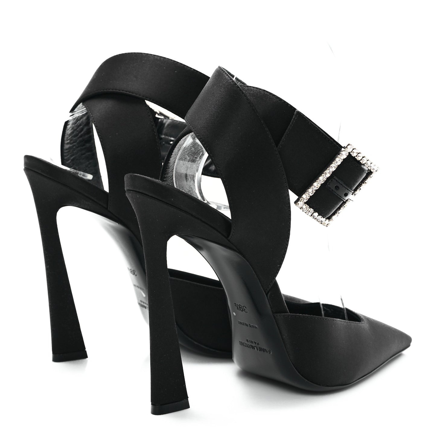 Crepe Satin Crystal Buckle Claude 110 Slingback Pumps 38 Black