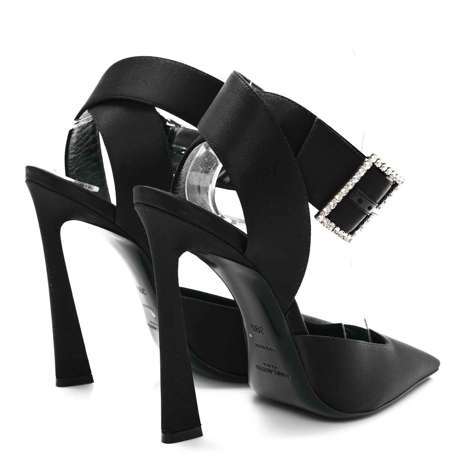 Saint Laurent Crepe Satin Crystal Buckle Claude 110 Slingback Pumps 38 Black 5 of 10