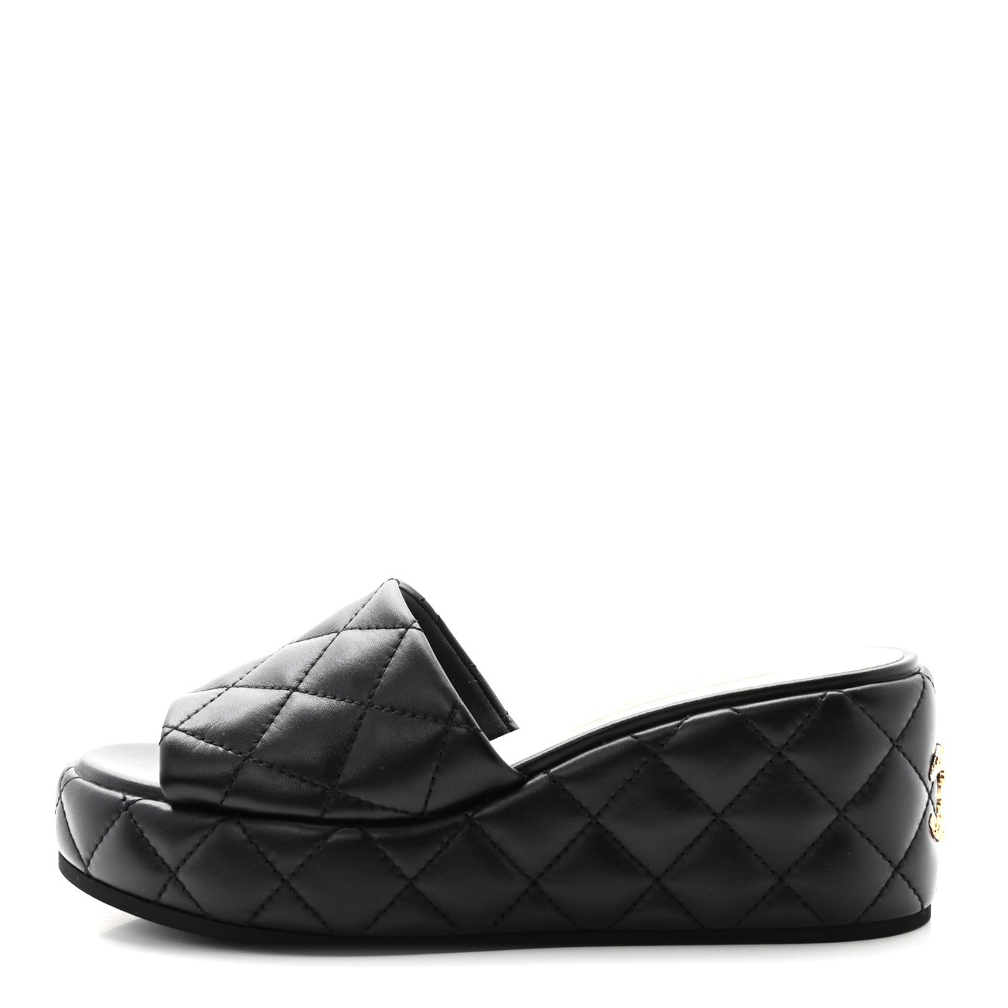 Lambskin Quilted Camelia CC Wedge Sandal Mules 38.5 Black