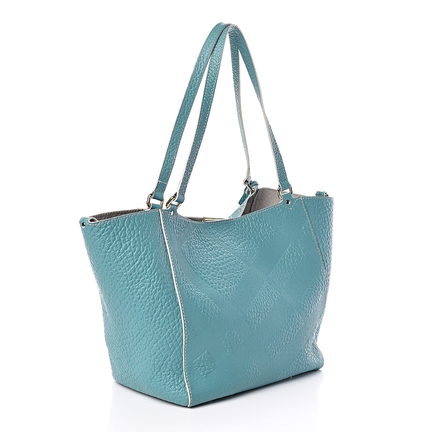Signature Grain Calfskin Check Embossed Small Canterbury Tote Aqua Green