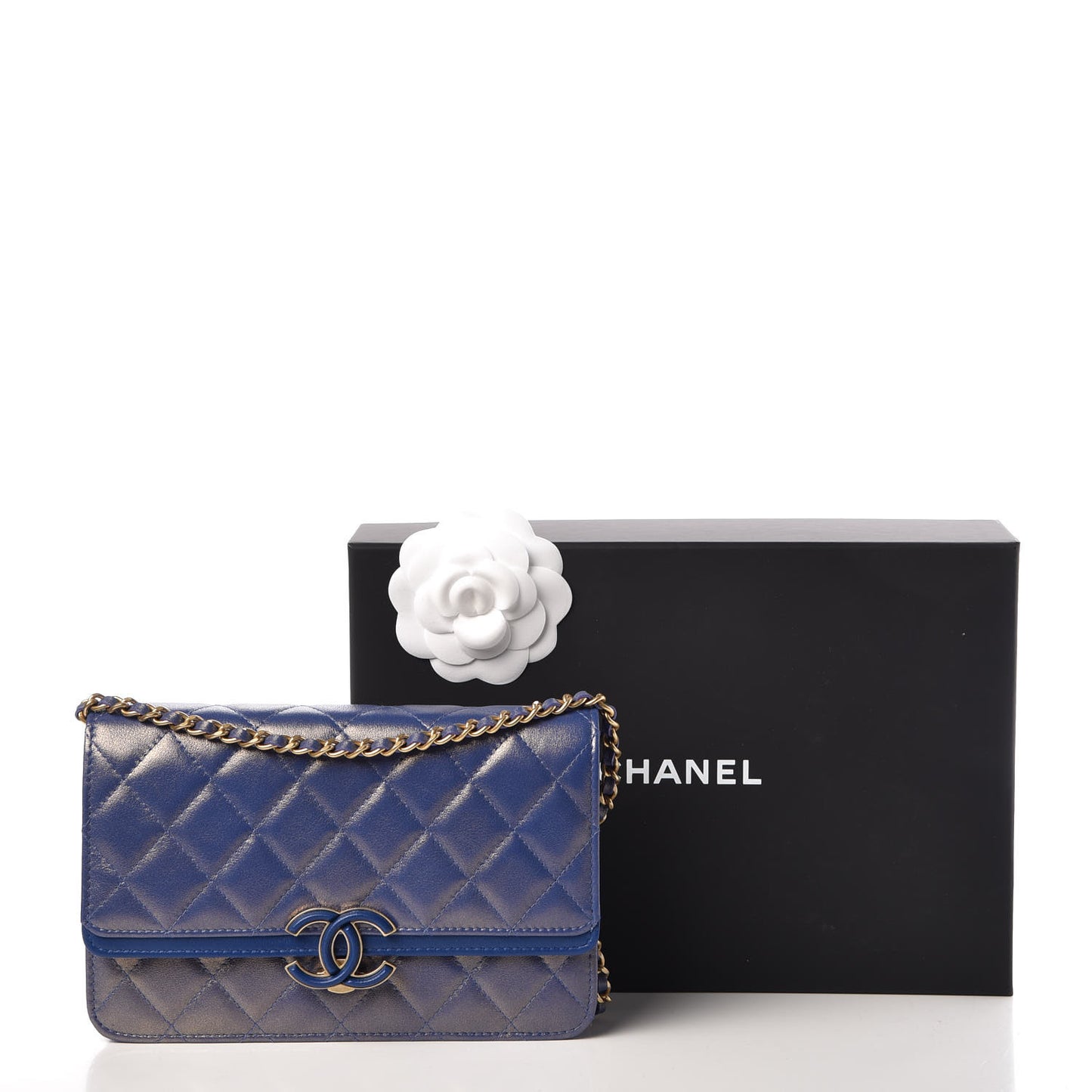 Iridescent Lambskin Quilted Wallet on Chain WOC Blue