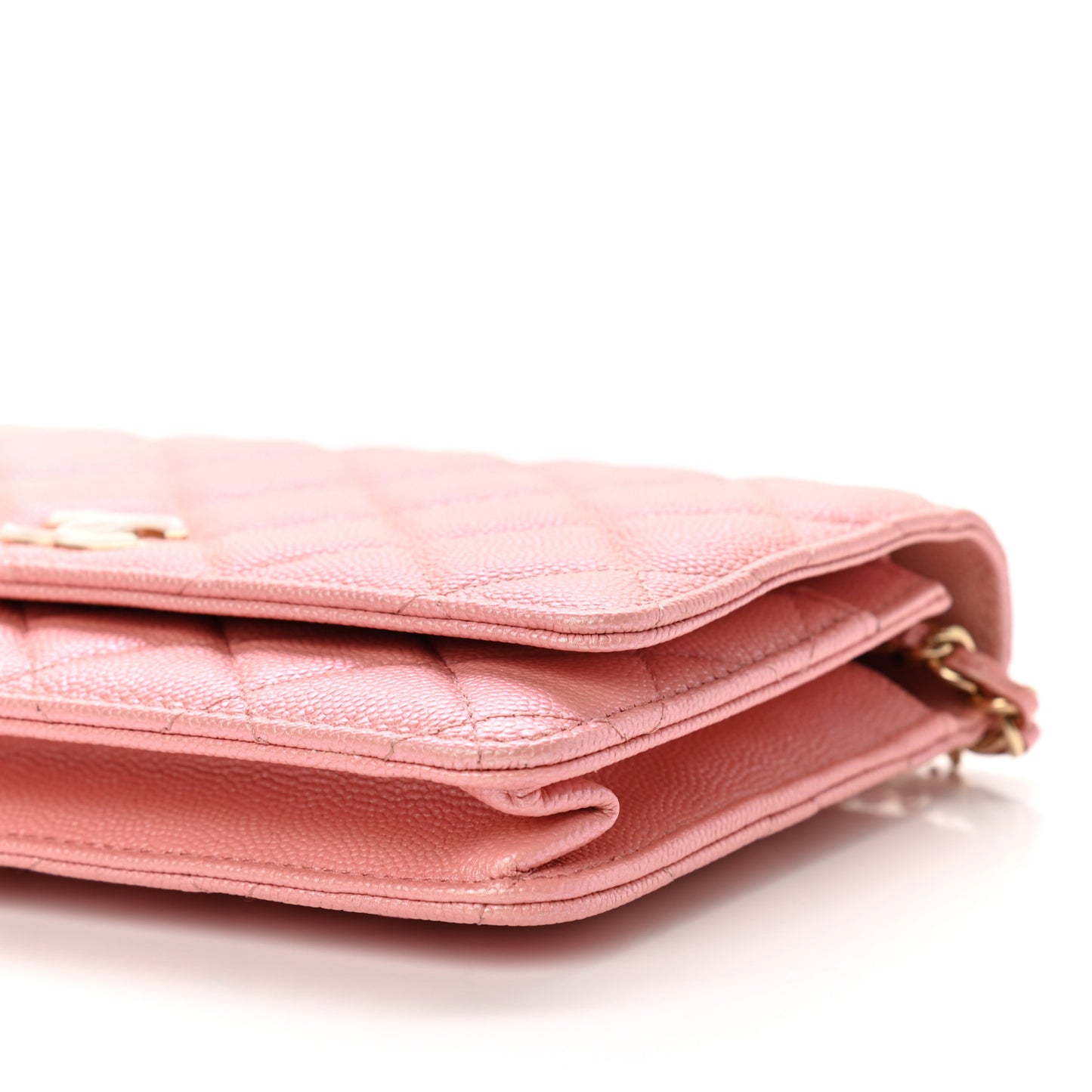 Iridescent Caviar Quilted Wallet on Chain WOC Rose Pink