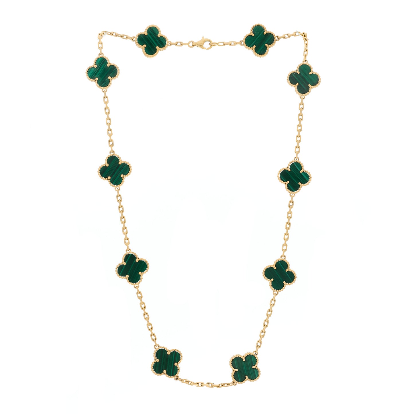 18K Yellow Gold Malachite 10 Motifs Vintage Alhambra Necklace