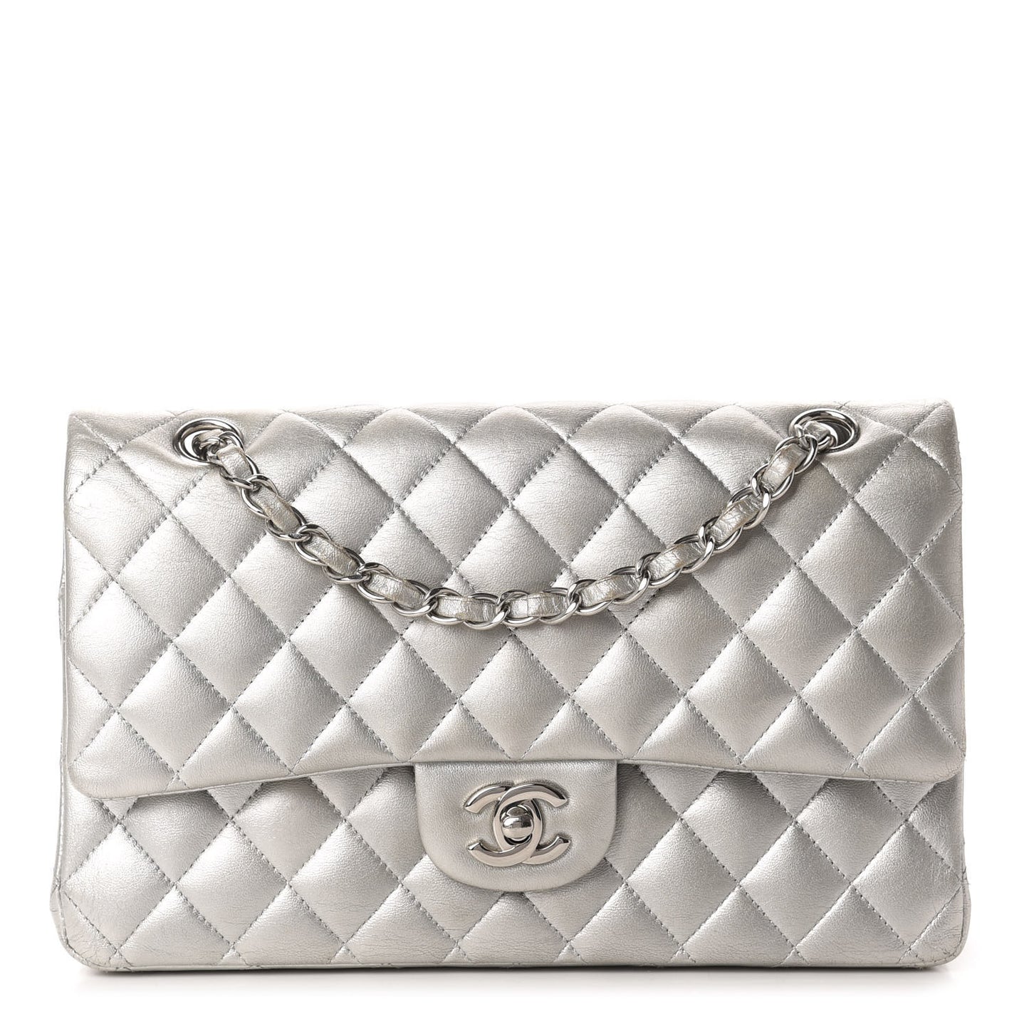 Metallic Lambskin Quilted Medium Double Flap Dark Grey