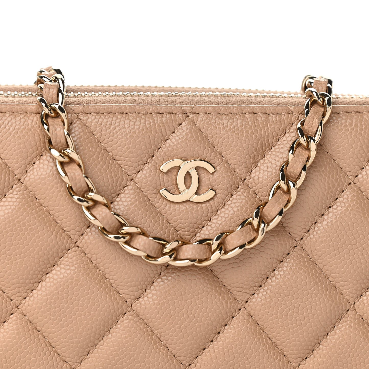 Caviar Quilted Small Clutch With Chain Beige