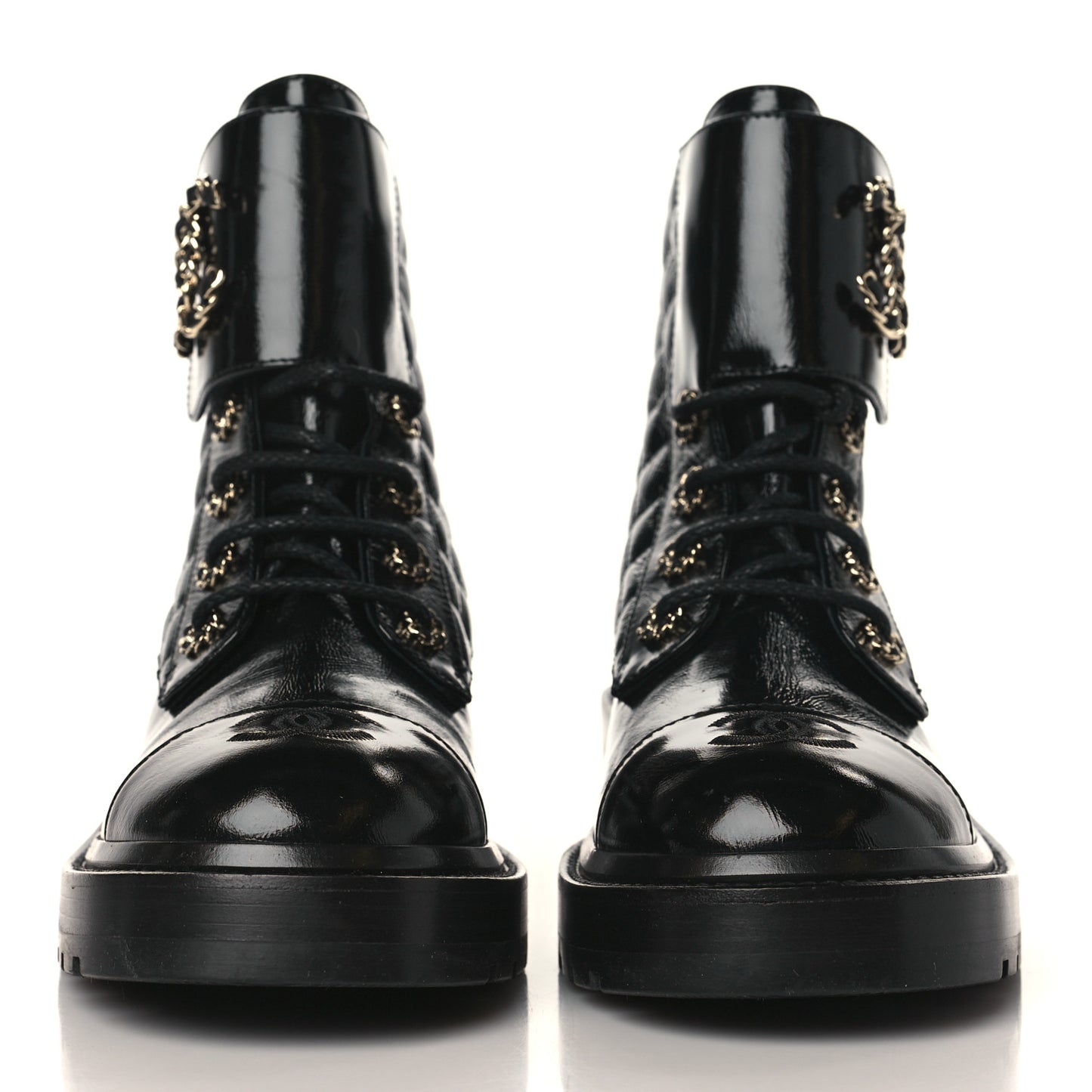 Shiny Goatskin Calfskin Quilted Lace Up Combat Boots 38.5 Black