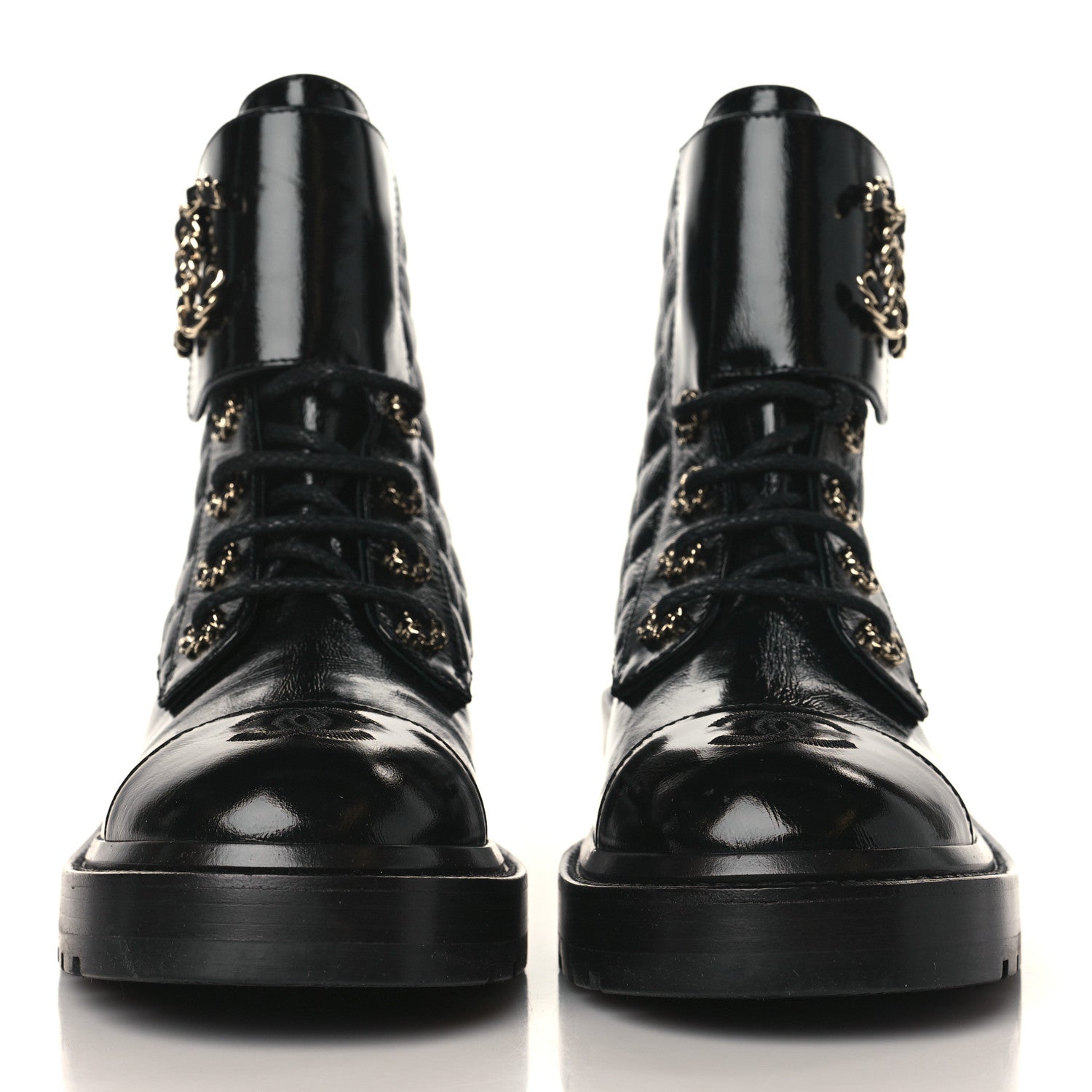 Chanel Shiny Goatskin Calfskin Quilted Lace Up Combat Boots 38.5 Black 2 of 8