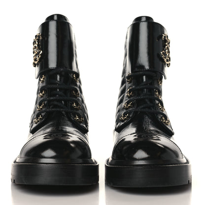 Chanel Shiny Goatskin Calfskin Quilted Lace Up Combat Boots 38.5 Black 2 of 8