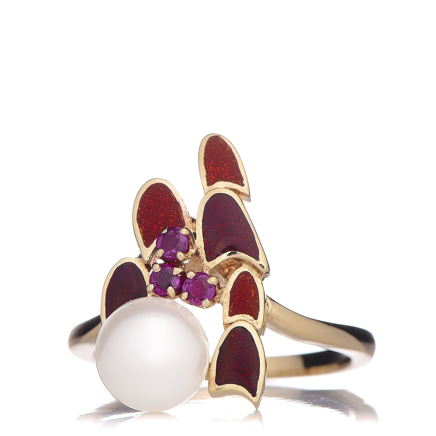 Mikimoto 18K Yellow Gold Enamel Ruby Akoya Pearl Ring 49 5 Red 1 of 5