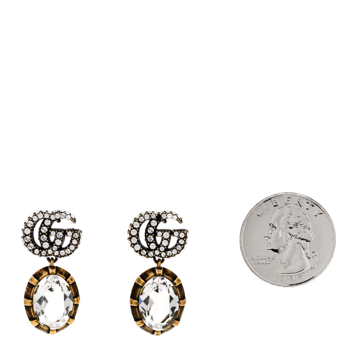 Gucci Metal Crystal Double G Drop Earrings Aged Gold 2 of 4