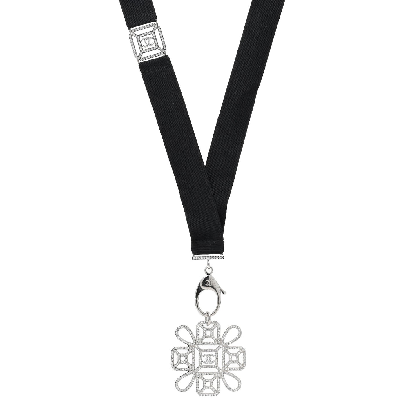 Crystal CC Cross Lanyard Necklace Black Silver