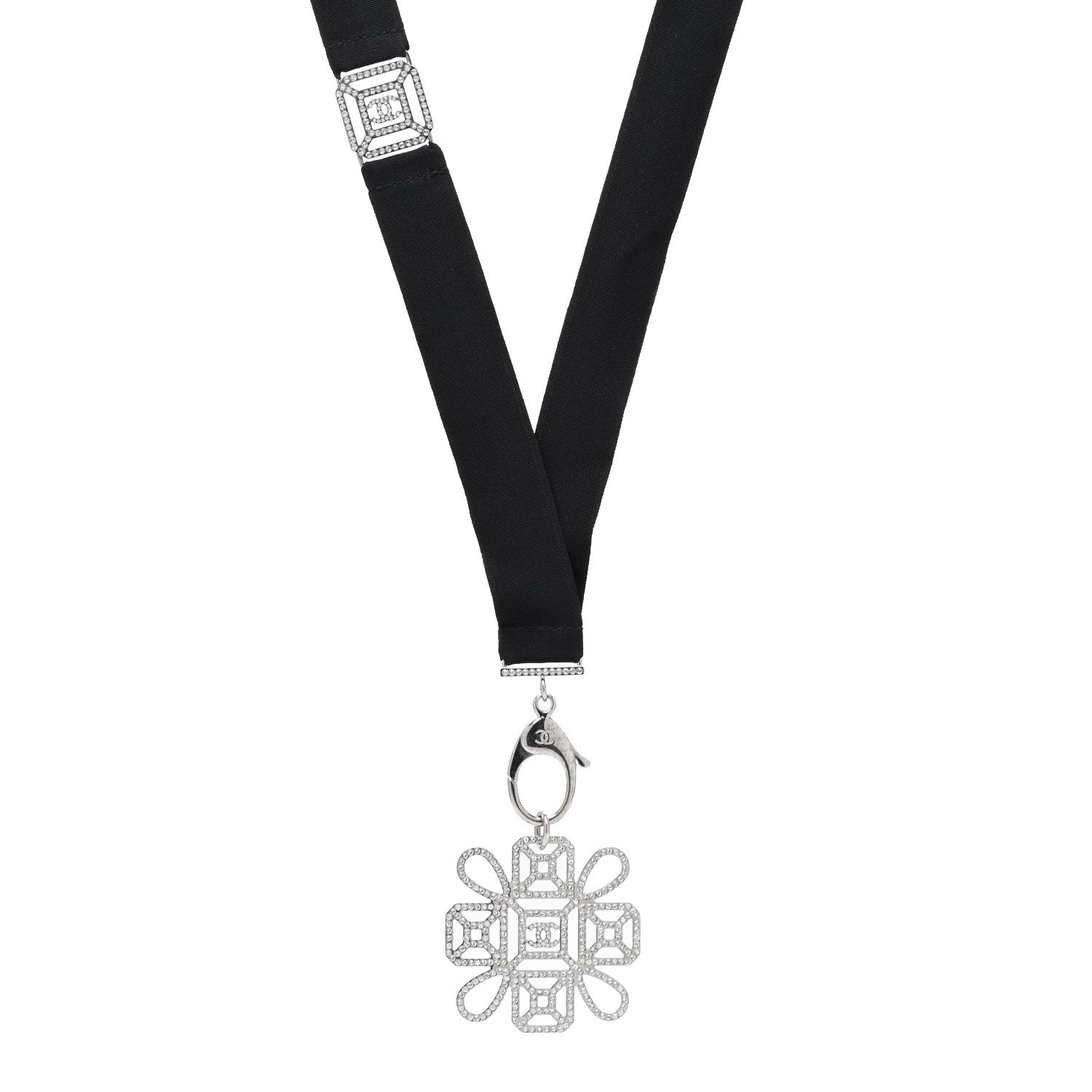 Chanel Crystal CC Cross Lanyard Necklace Black Silver 1 of 4