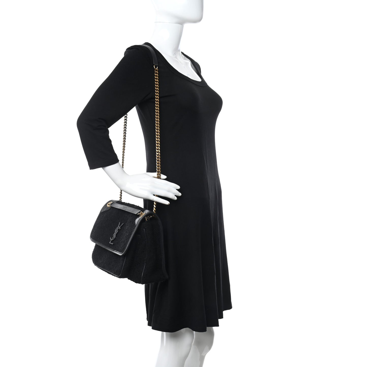 Boucle Tweed Monogram Medium Niki Chain Satchel Black