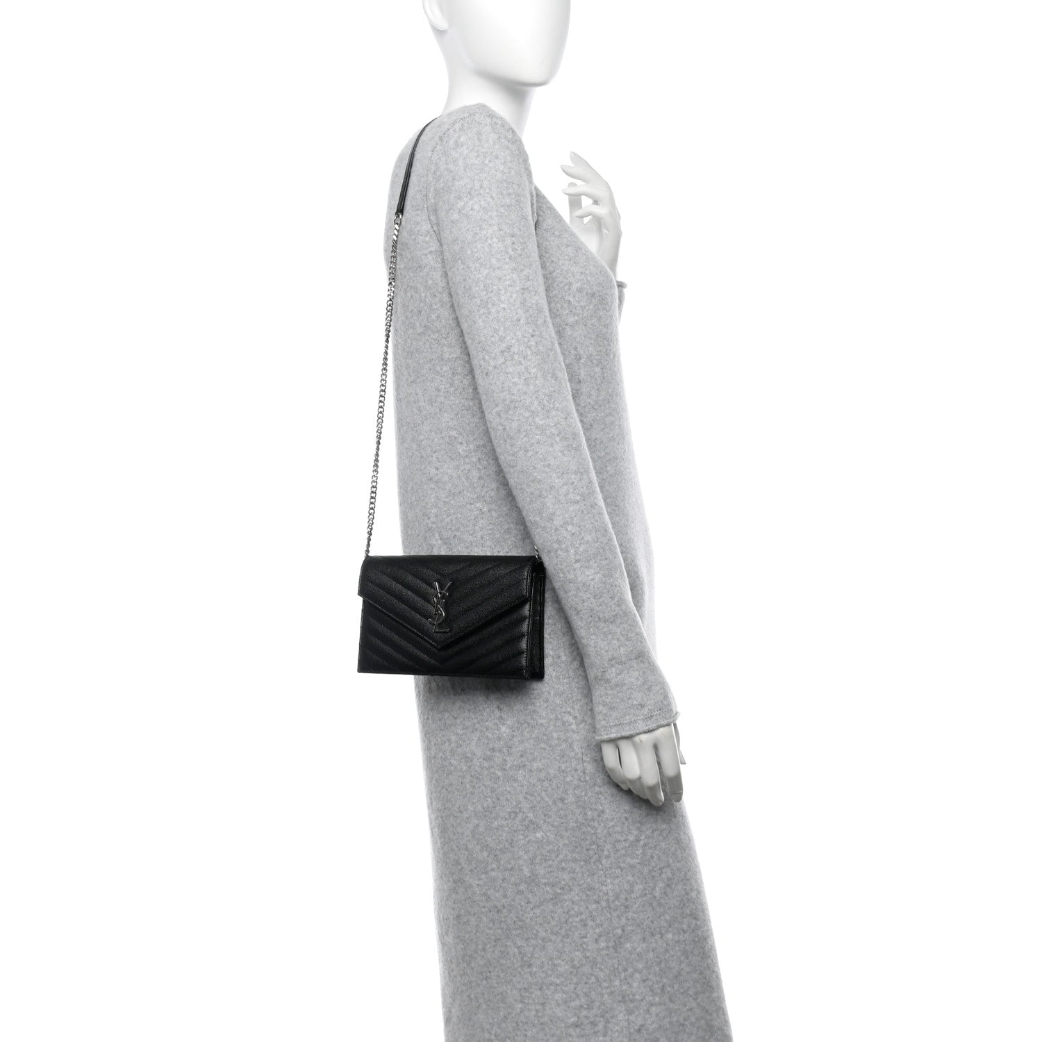 Saint Laurent Grain De Poudre Matelasse Chevron Monogram Envelope Chain Wallet Black 2 of 12
