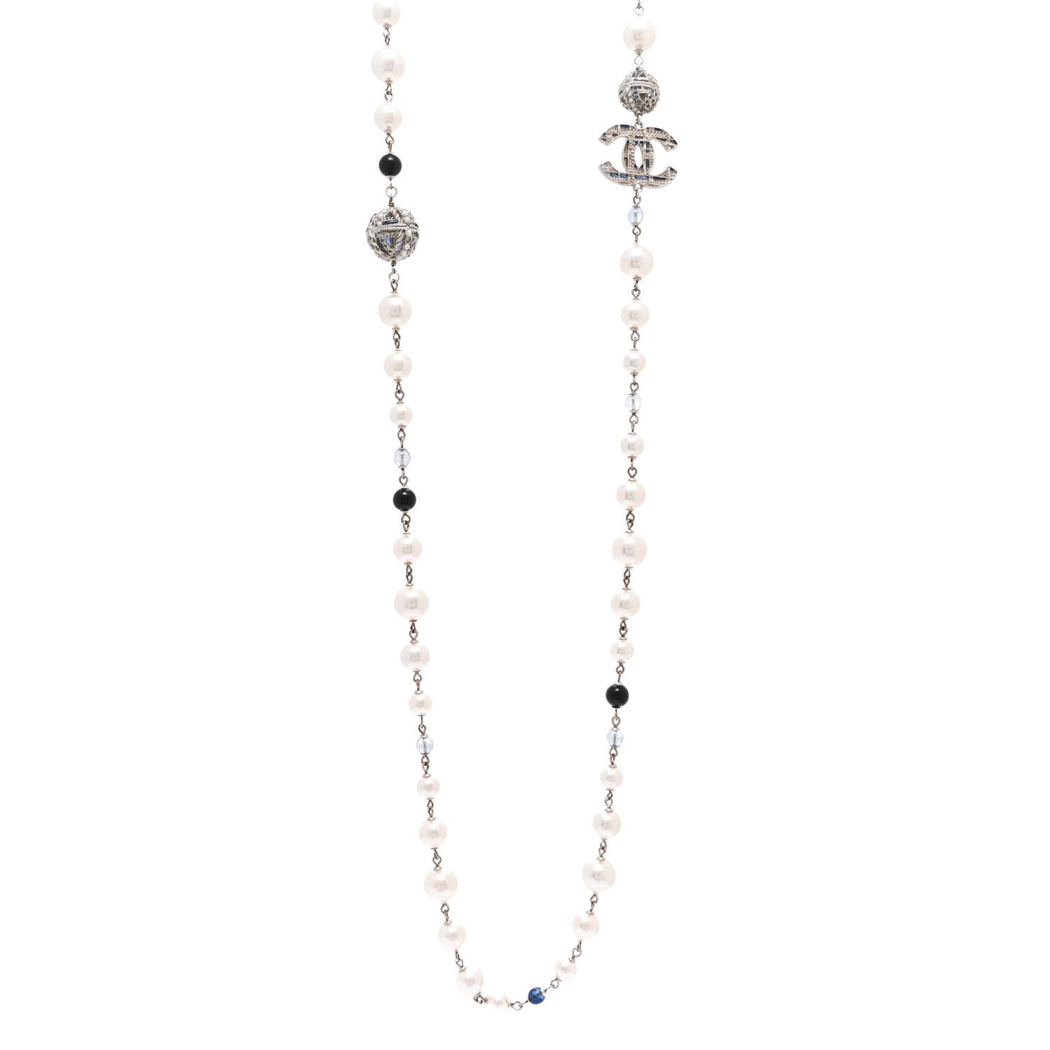 Chanel Pearl Bead Tweed Effect CC Long Necklace Silver Black Blue 1 of 6