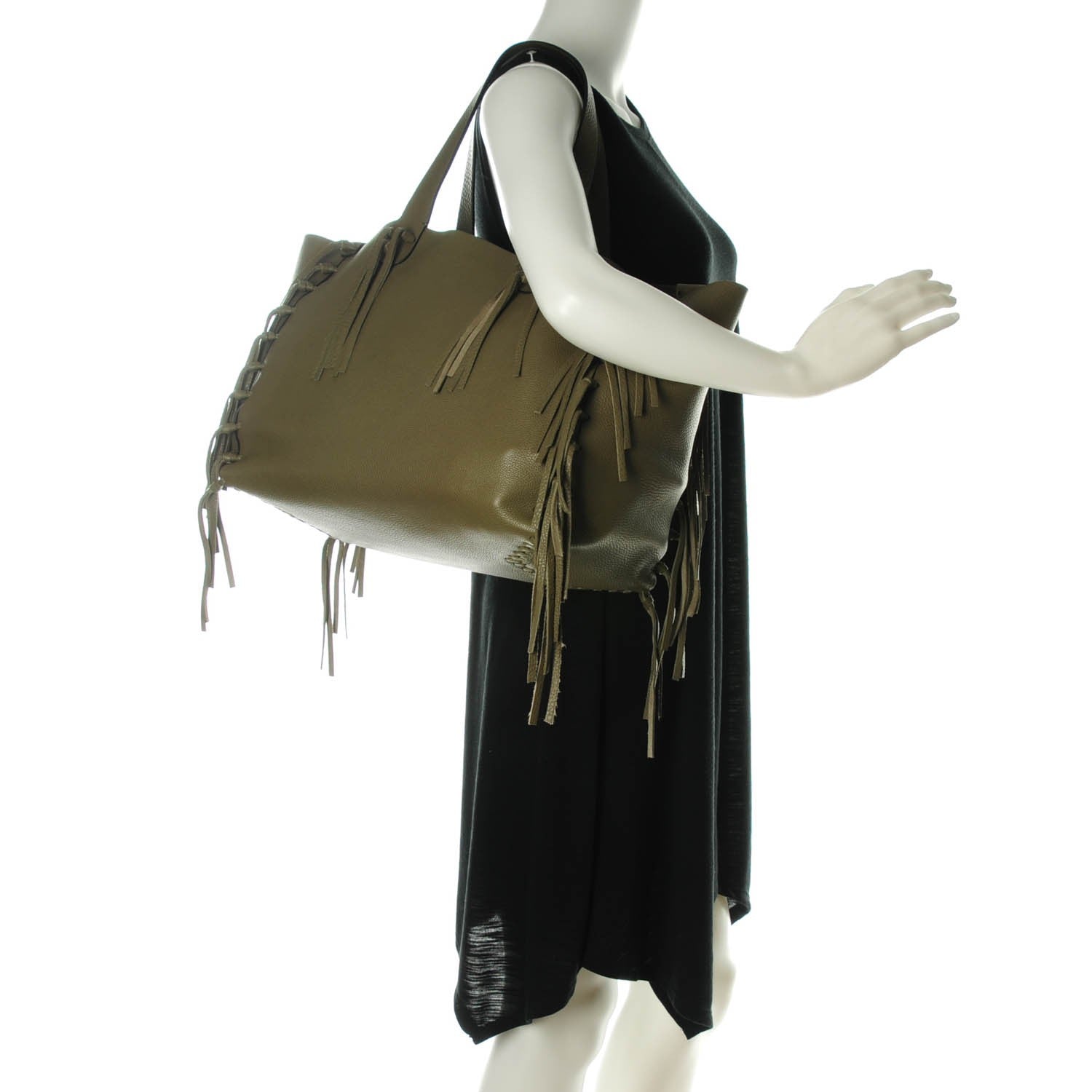 Valentino Garavani Grained Calfskin C-Rockee Fringe Tote Army Green 2 of 7
