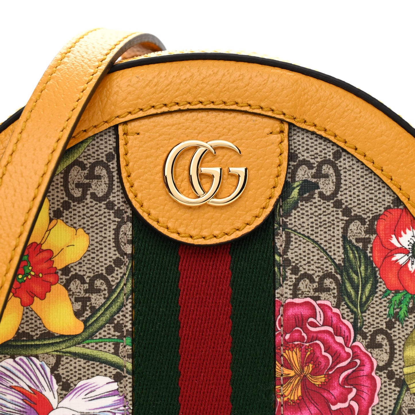 GG Supreme Monogram Flora Web Mini Ophidia Round Shoulder Bag Beige Multicolor Crop