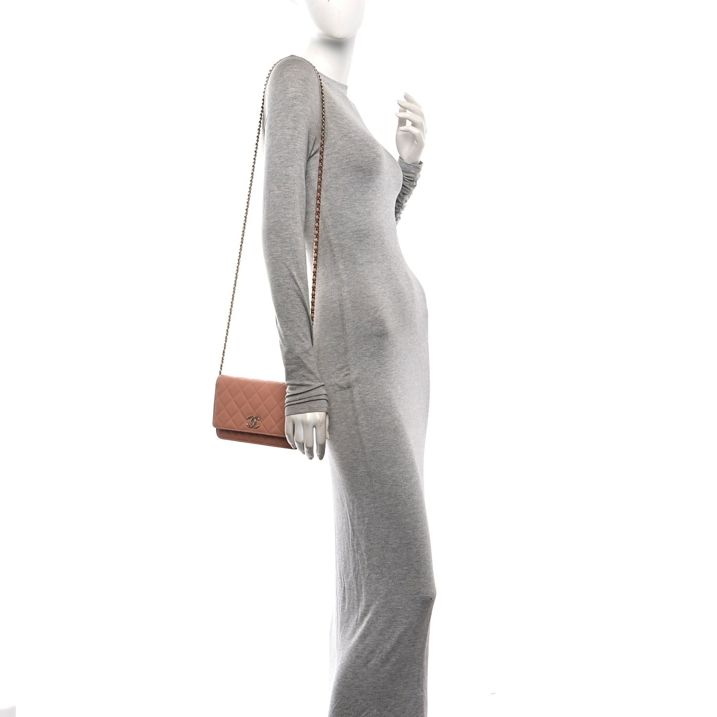 Caviar Quilted Perforated Metal CC Wallet On Chain WOC Beige