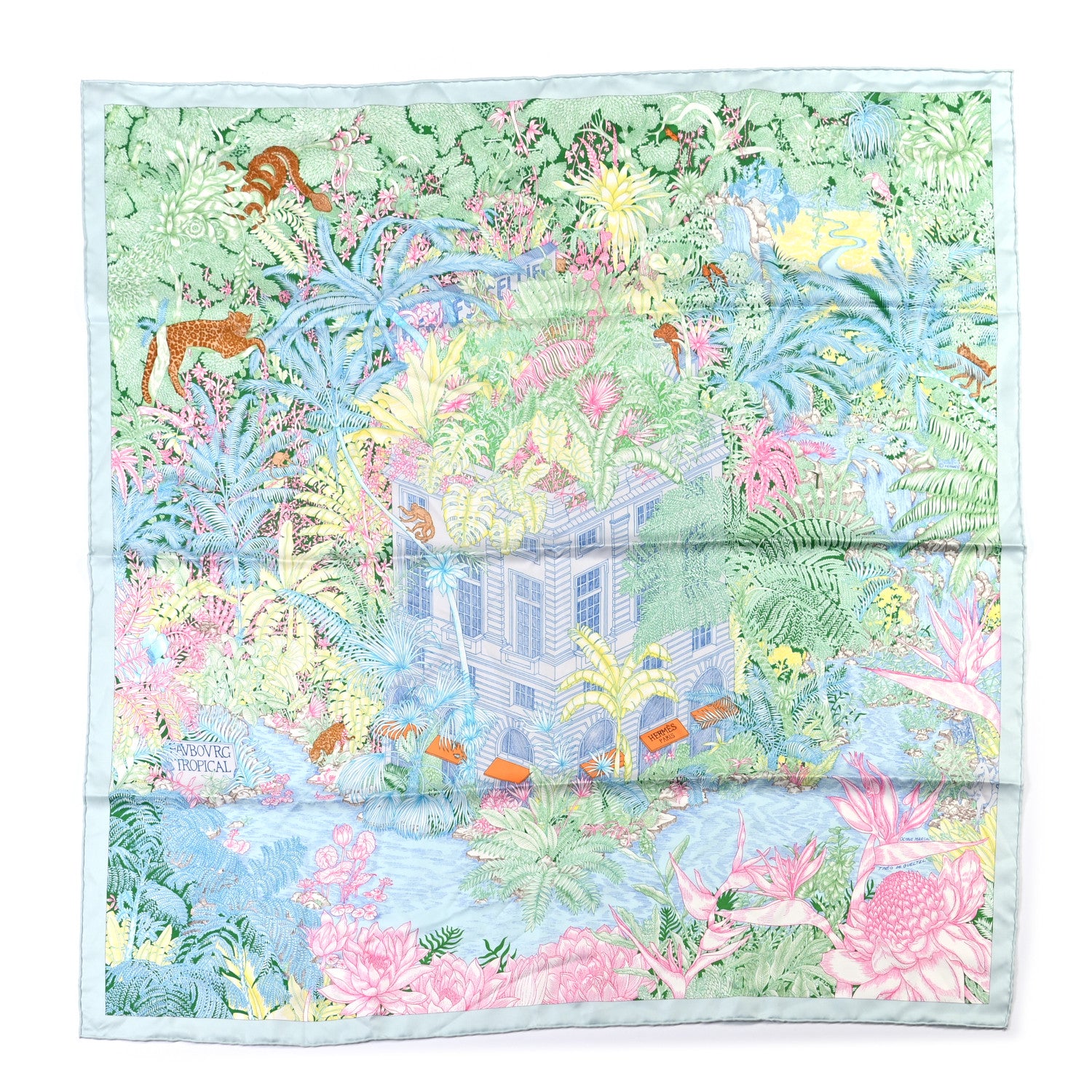 Hermes Silk Twill Faubourg Tropical Scarf 90 Bleu Vert Jaune 1 of 6