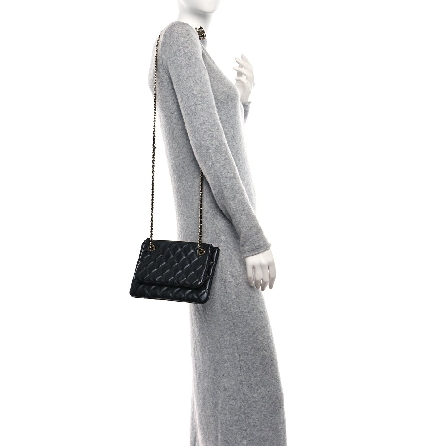 Shiny Lambskin Quilted Medium Double Case With Strap Black