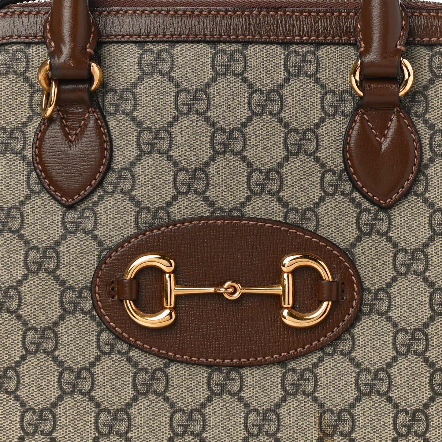GG Supreme Monogram Azalea Calfskin Small Horsebit 1955 Top Handle Bag Beige Ebony Brown Sugar